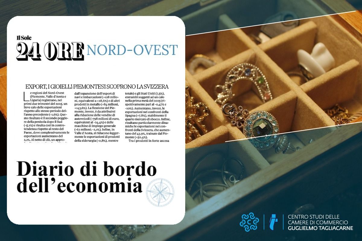 Gioielli sullo sfondo e in primo piano screenshot del titolo dell'articolo: "Export, Nord-Ovest trainato dal settore dei preziosi"